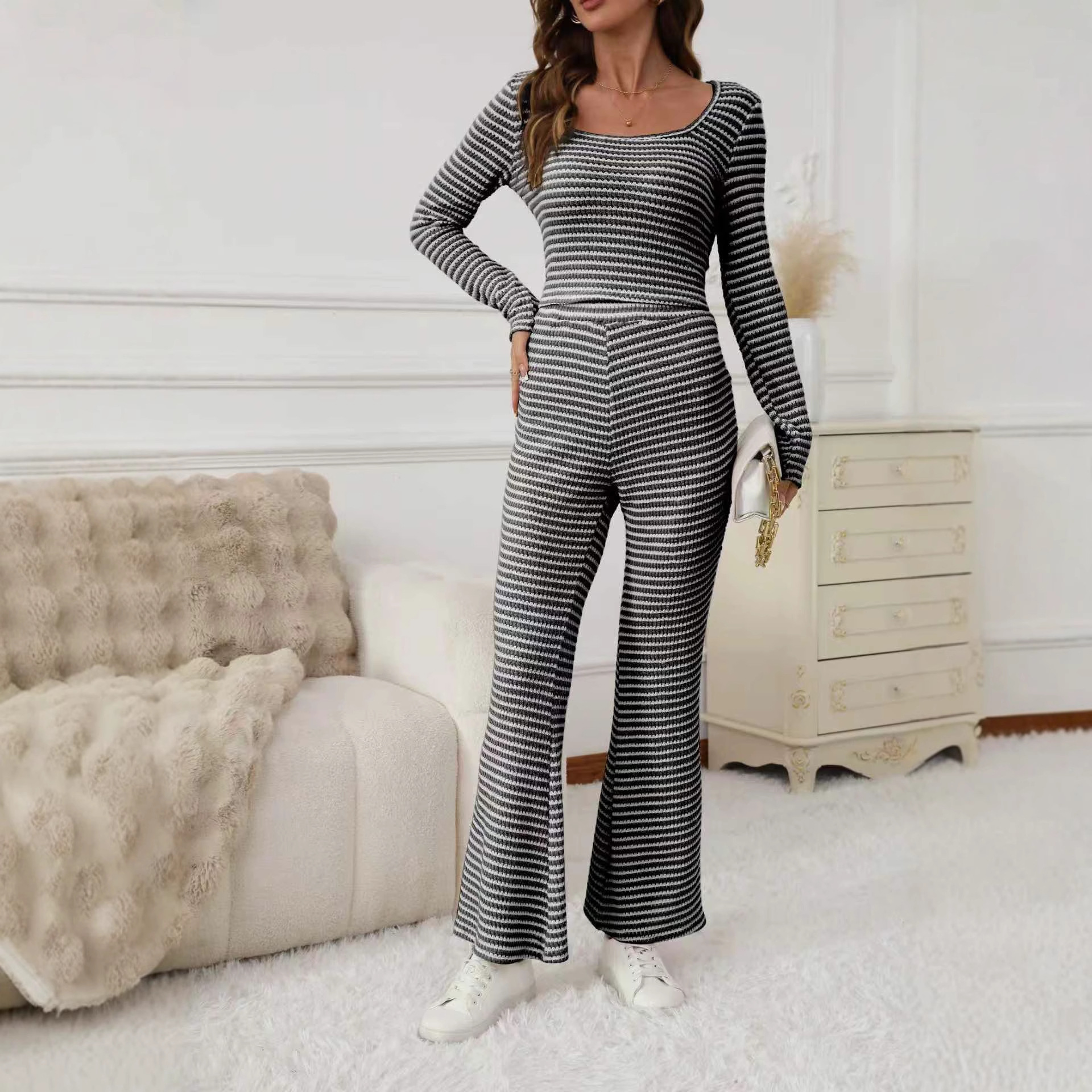 Simple Relaxed-fit Striped Wide-leg Pants Set