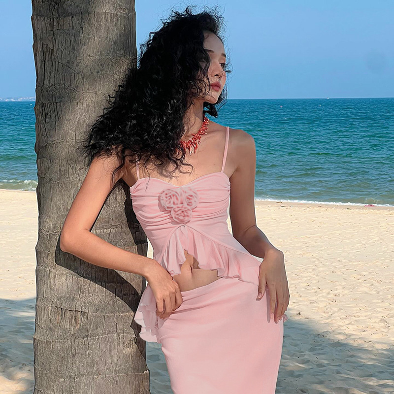 European And American Style Vacation Spaghetti Straps Top Mid length Dress Set Pink - Shop at LoveMi