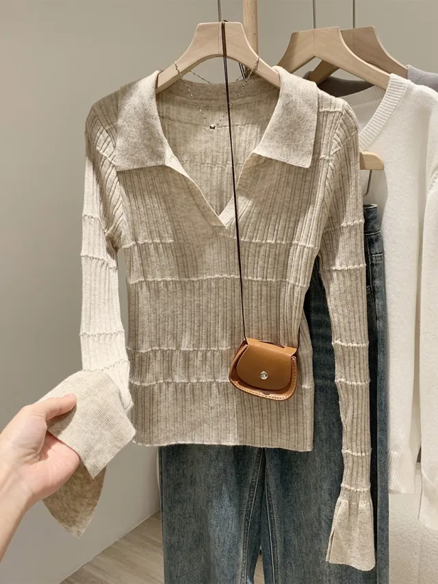Women's Slim Fit Inner Wear Lapel Knitted T shirt Oats - Shop at LoveMi