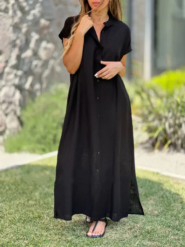 Cotton And Linen Casual Short sleeved Cardigan Dress Black - Shop at LoveMi
