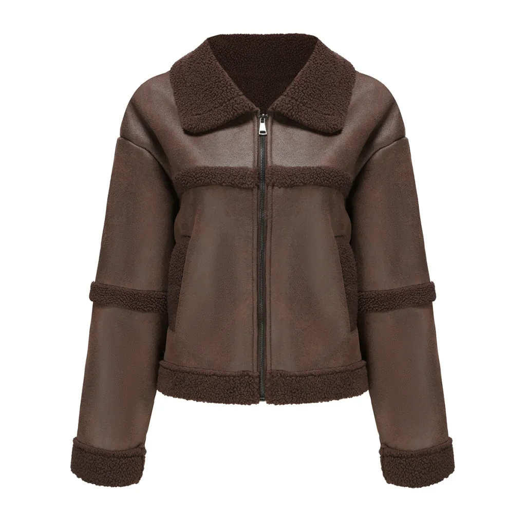 Suede Women's Fashionable Warm Fleece Leather Jacket - Brown