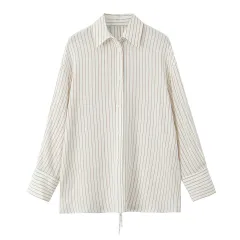 Striped Lapel Long Sleeve Short Casual Pants Suit Women - White Shirt - View 1