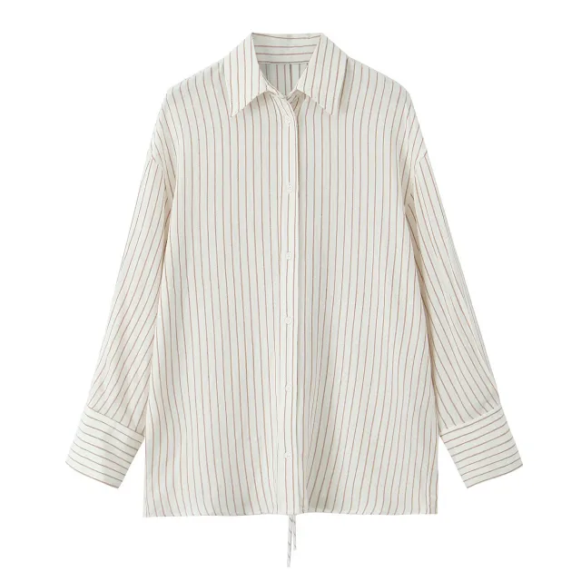 Striped Lapel Long Sleeve Short Casual Pants Suit Women White Shirt - Shop at LoveMi