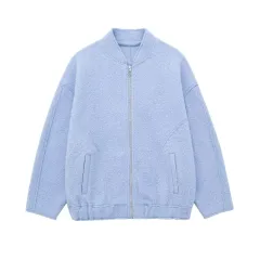 Autumn Minimalist Stand Collar Bead Leather Zip-up Shirt - Sky Blue Hh965264Yt - View 1