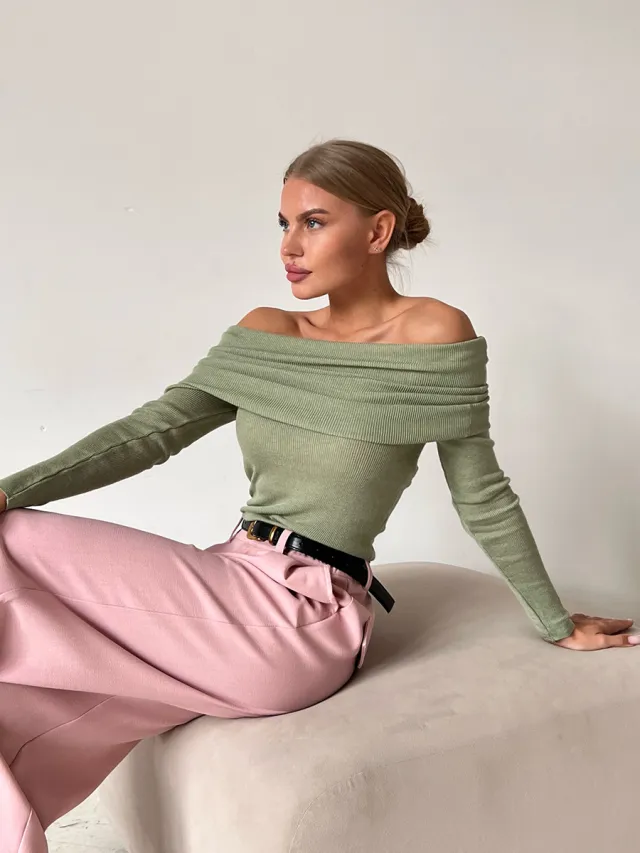 Winter Sexy Slim fit Cashmere Off neck Long Sleeve Bottoming Sweater Light Green - Shop at LoveMi