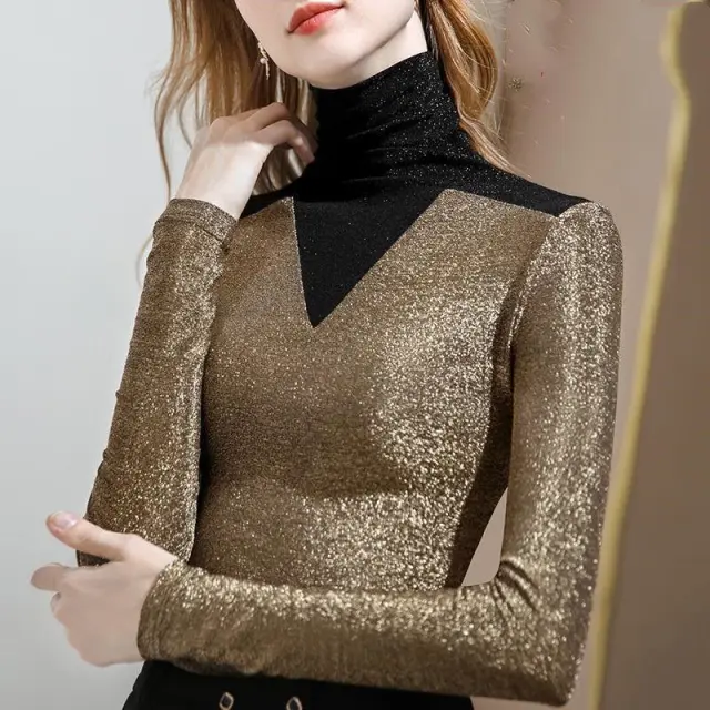 New High Neck Bottoming Shirt Women's Stitching Contrast Color Golden Velvet Lining - Shop at LoveMi