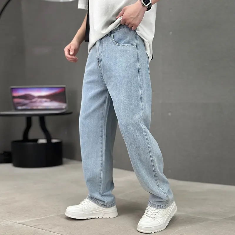 Fashion Pockets Jeans Men's Wide-leg Straight Trousers Versatile Casual Long Pants Streetwear Clothing