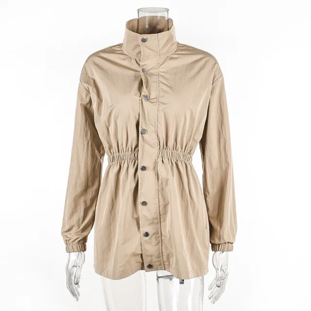 Women's Zippered Casual Mid Length Waist Windproof Jacket Khaki - Shop at LoveMi