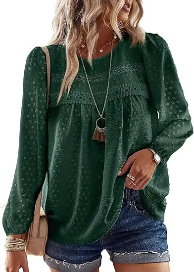 Bohemian Minimalist Chic Round neck Chiffon Top With Multicolored Lace Trim Green - Shop at LoveMi