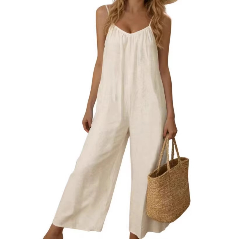 Adjustable-strap Jumpsuit Solid-color With Patch Pockets Loose-fit Overalls