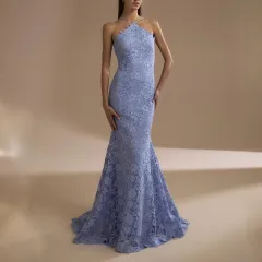 Elegant Lace Mermaid Evening Gown For Banquets - Blue - View 1