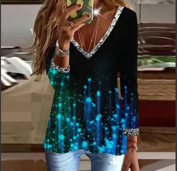 European And American New Elegant Elegant V neck Women's Long sleeved T shirt Printed Color M - Shop at LoveMi