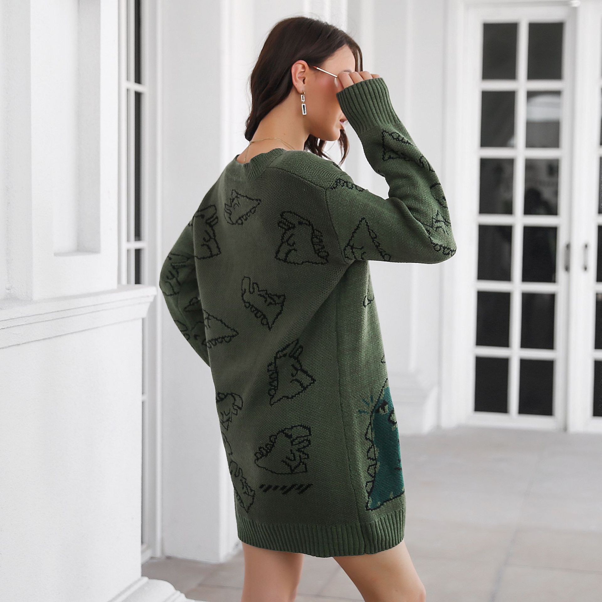 Cute Dinosaur Cartoon Jacquard V neck Long Sleeve Sweater Dress Women's Loose Knitted Dress Autumn And Winter Green - Shop at LoveMi