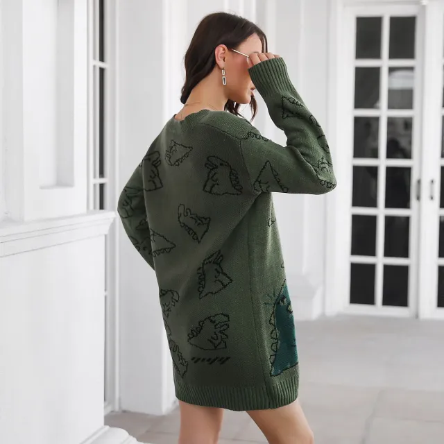Cute Dinosaur Cartoon Jacquard V neck Long Sleeve Sweater Dress Women's Loose Knitted Dress Autumn And Winter Army Green - Shop at LoveMi