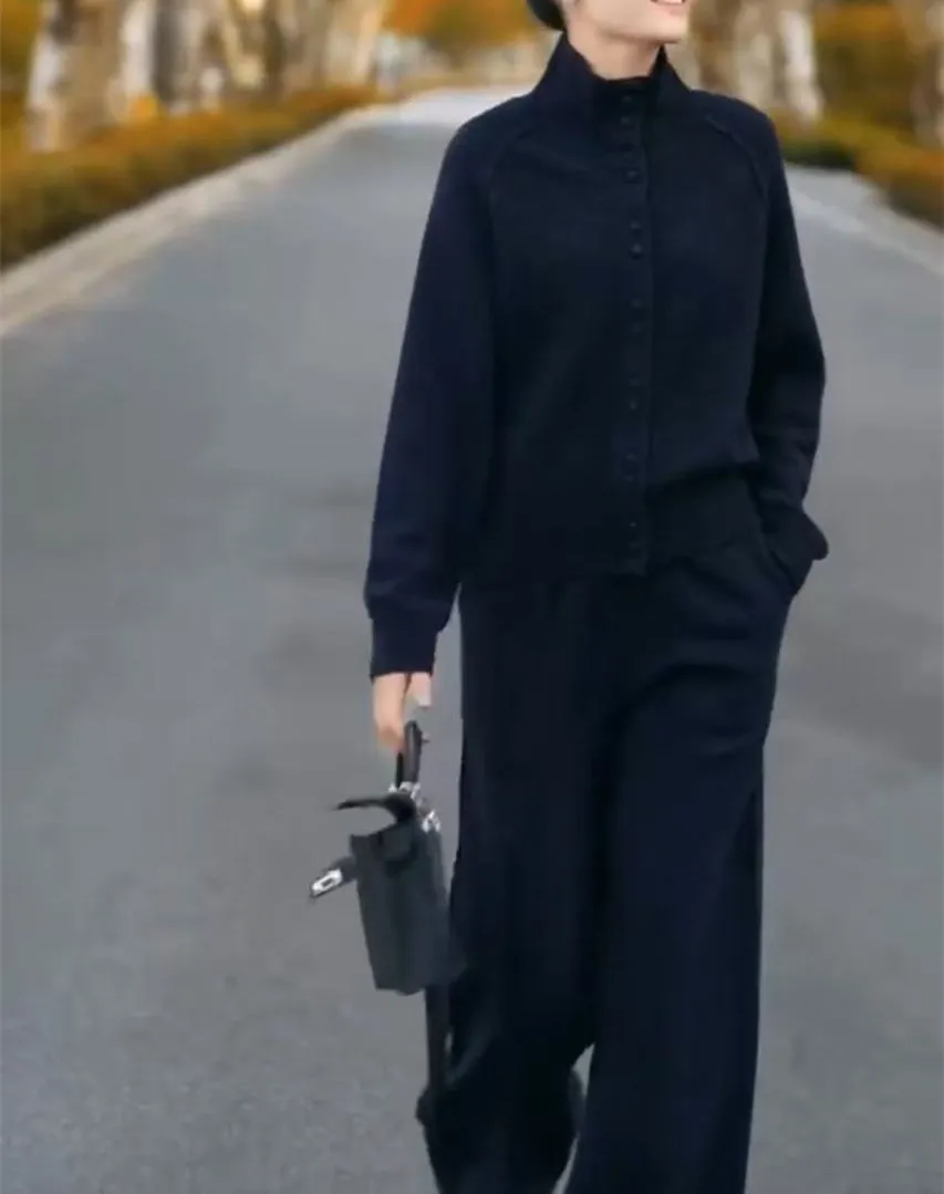 Fashion Soft Glutinous Baggy Coat Slimming Wide-leg Pants Suit Women - Dark Blue Suit