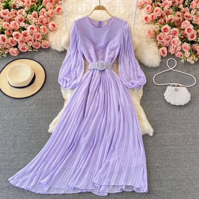 Round Neck Pleated Polka Dot Chiffon Dress Violet - Shop at LoveMi