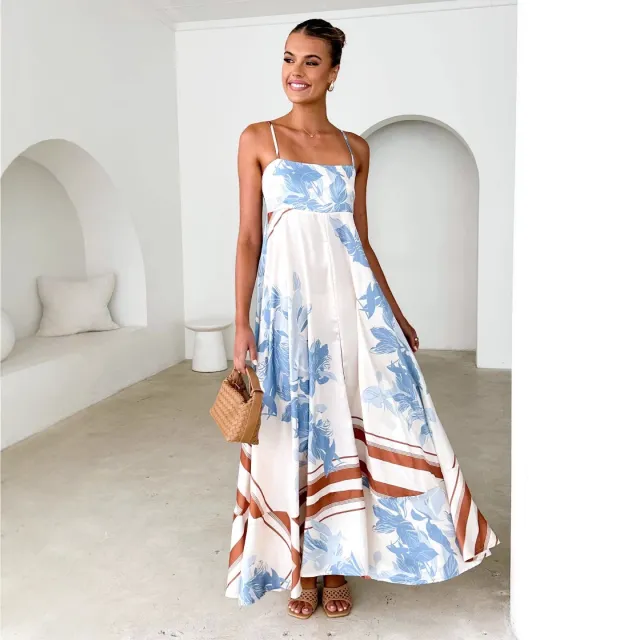 Women's Fashion Printed Backless Sling Large Swing High Waist Dress Blue - Shop at LoveMi