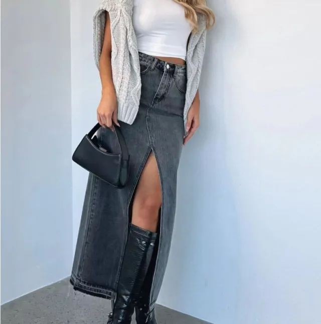 European And American Style Women's Clothing High Waist Slit Design Denim Skirt Gray - Shop at LoveMi