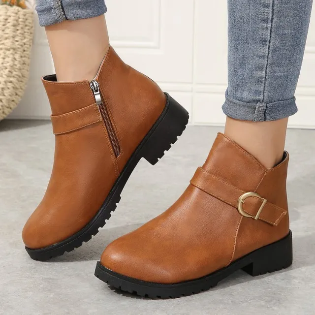 Belt Buckle Zipper Chunky Heel Short Leather Boots Yellow - Shop at LoveMi
