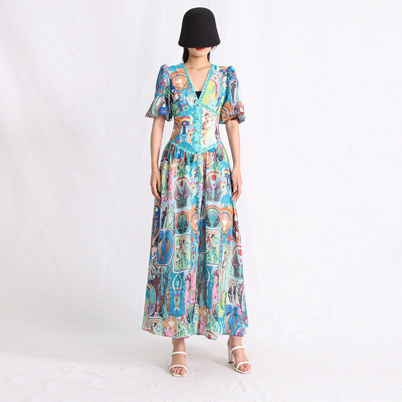 V-neck Puff Sleeve Waist-tight Mid-length Zipper Fly Printed Dress