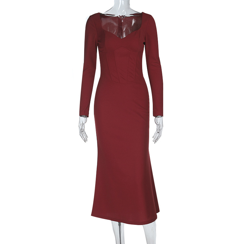 Waist cinching Long sleeved Dress Solid Color Slim Fit Wine Red - Shop at LoveMi