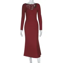 Waist-cinching Long-sleeved Dress Solid Colour Slim Fit - Wine Red - View 1