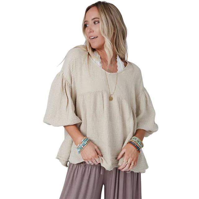 Women's Fashion Loose Pullover Puff Sleeve Top Beige - Shop at LoveMi