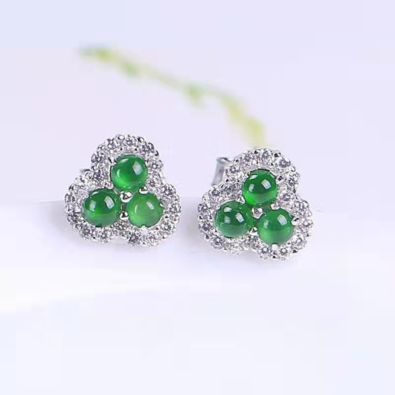 Female 925 Sterling Silver Plated Earrings With Green Egg Shaped Jade Inlay