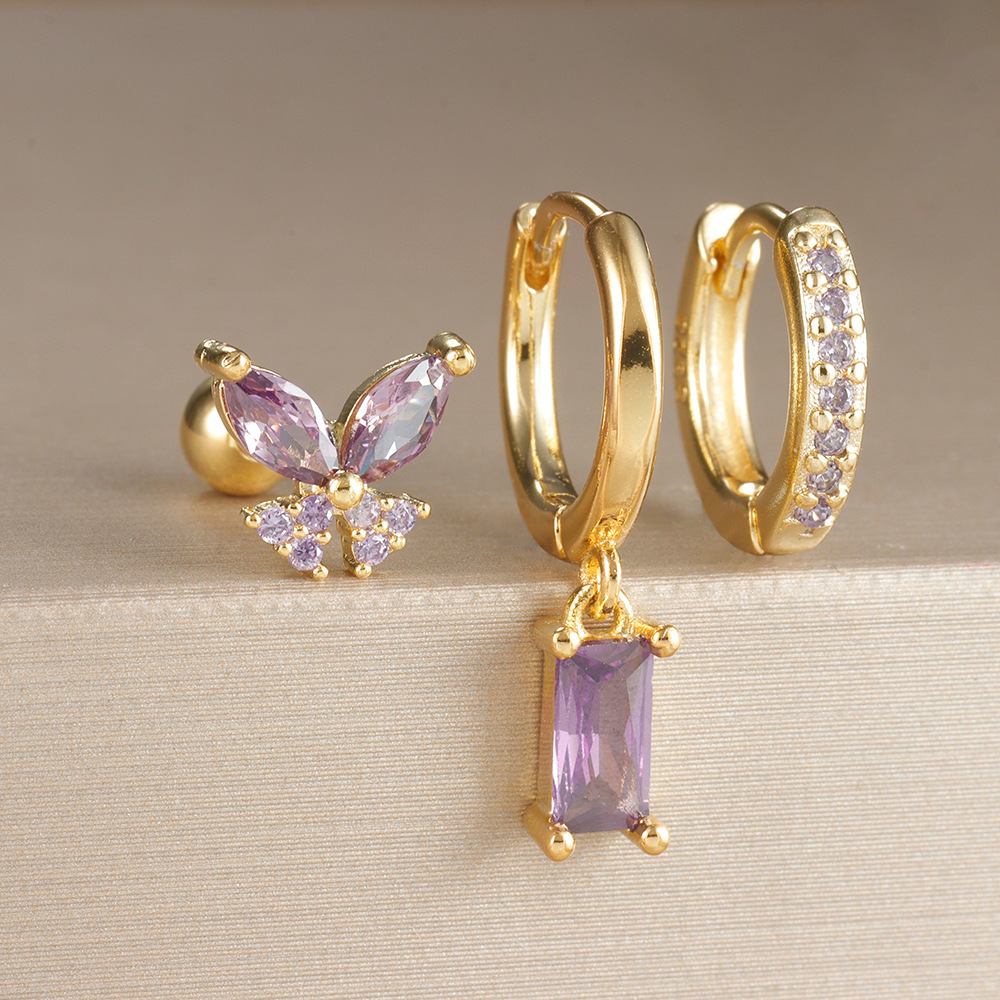 Rectangular Zircon Butterfly Studs Multicolor Zircon
