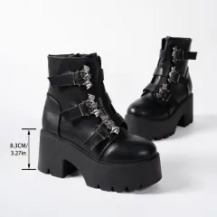 Women's Thick-soled Ankle Boots With Belt Buckle Decoration - Black - View 1