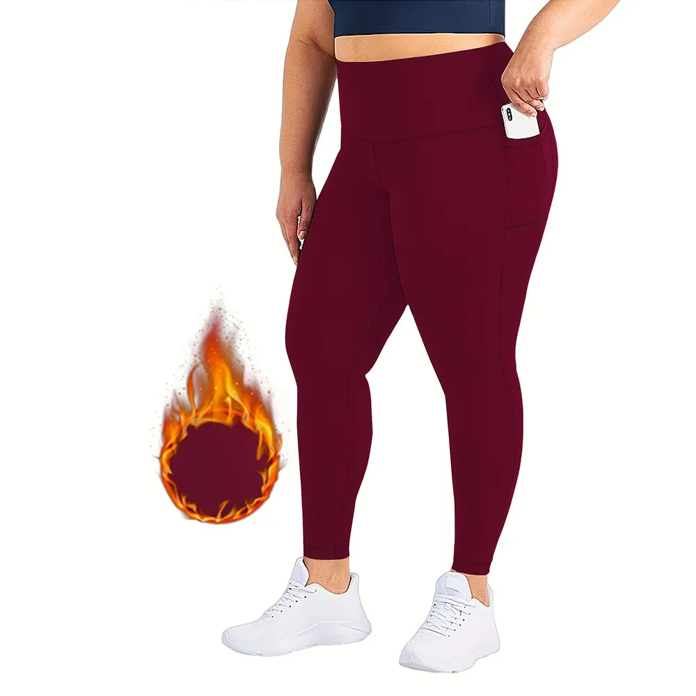 AutumnWinter Fleece-Lined Yoga Pants For Women, High-Waisted, Cropped Style - Wine