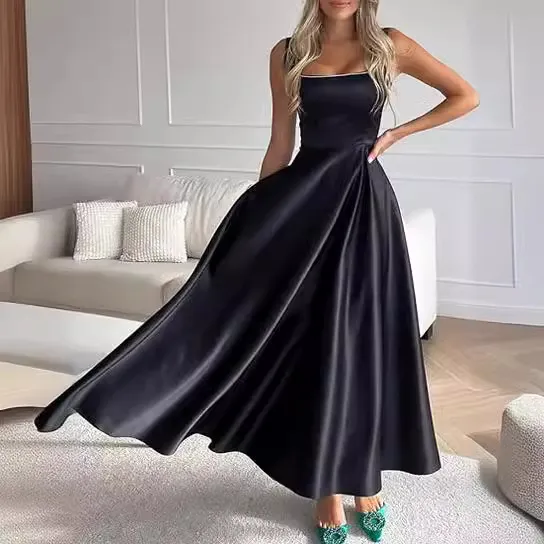 Women's Square Collar Low Collar Sleeveless Long Dress - Black