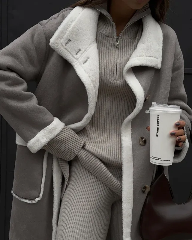 Autumn And Winter Patch Pocket Gray And White Color Matching Coat Gray - Shop at LoveMi