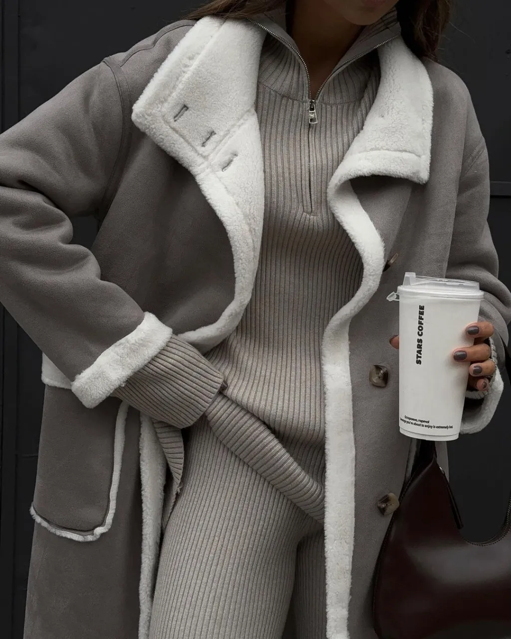 Autumn And Winter Patch Pocket Gray And White Color Matching Coat - Gray