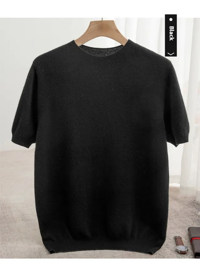 Knitted Short Sleeve Pure Wool Sweater Men's Round Neck Black - Shop at LoveMi