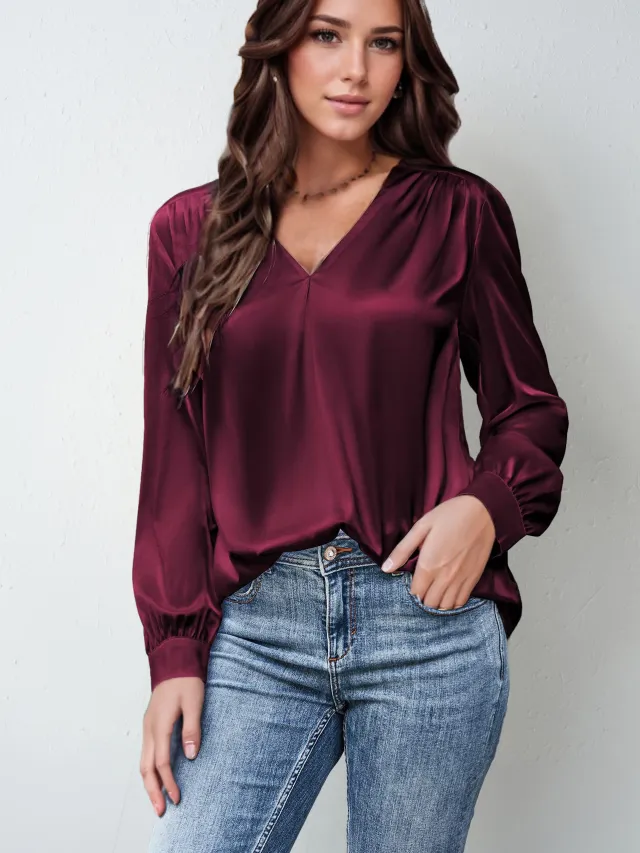 Satin Pleated Long sleeved Top V neck Casual Loose Shirt Wine Red - Shop at LoveMi