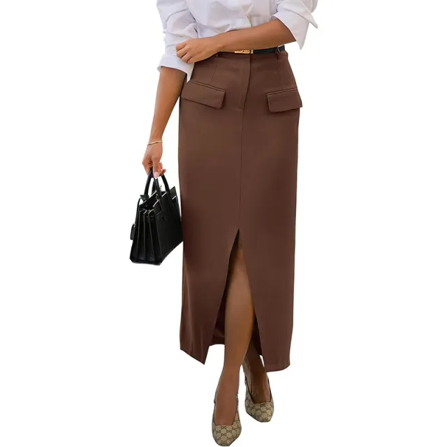 Women's Casual Pocket Slit Bag Hip Skirt Brown - Shop at LoveMi