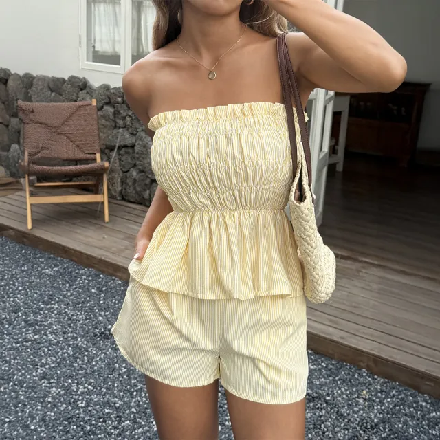 European And American Leisure Simple Tube Top Wooden Ear Shorts Suit Yellow - Shop at LoveMi