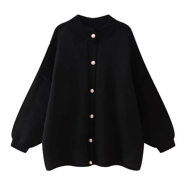 French Fashion Loose Round Neck All matching Metal Button Cardigan Sweater Black - Shop at LoveMi