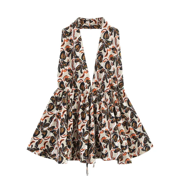 Printed Hanging Collar Top Loose Trousers Two piece Suit Top M - Shop at LoveMi
