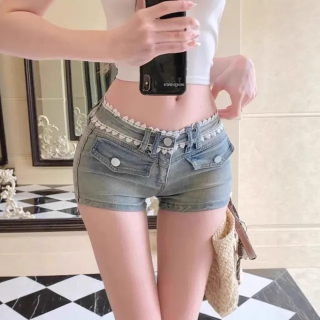 French Lace Trimmed Hip Fitting Denim Shorts Blue - Shop at LoveMi