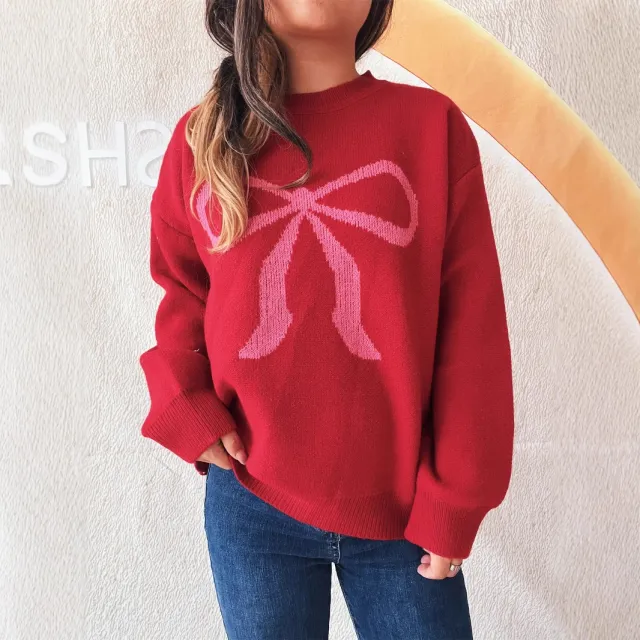 Women's Round Neck Bow Long Sleeve Warm Sweater Red - Shop at LoveMi