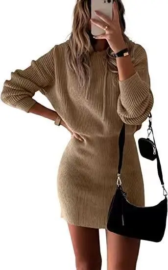 Women's Fashionable Elegant Knitted Hooded Dress Khaki - Shop at LoveMi