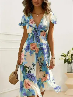 Printed Bohemian Women's V-neck Mid-length Dress - Lake Blue - View 1