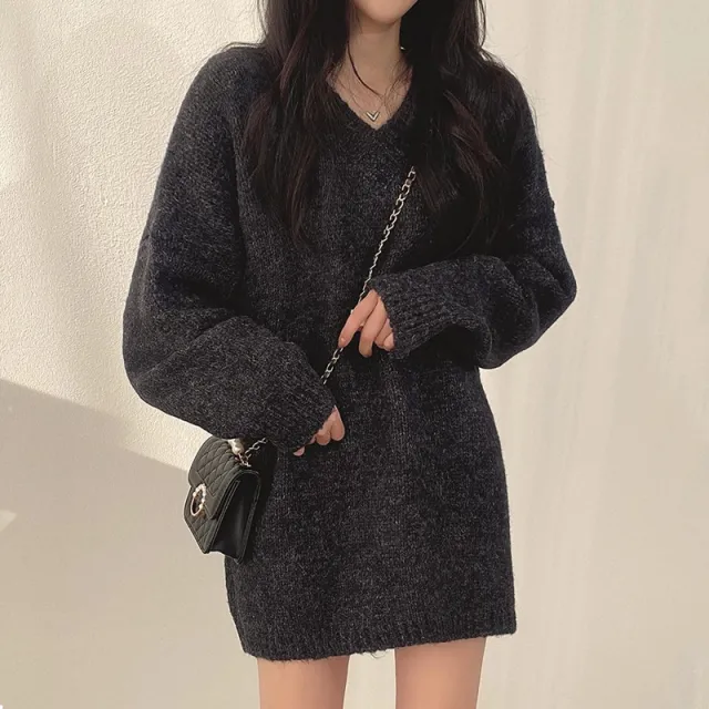 Wind V neck Soft Glutinous Loose Small Knitted Dress Sweater Dark Gray - Shop at LoveMi