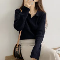 Women's Short Knit Long-sleeve Sweater - Black - View 1