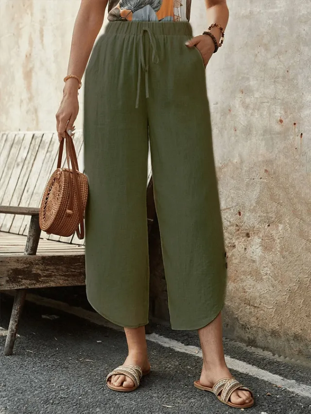 Cotton And Linen Drawstring Cropped Loose Pockets Casual Pants Army Green - Shop at LoveMi
