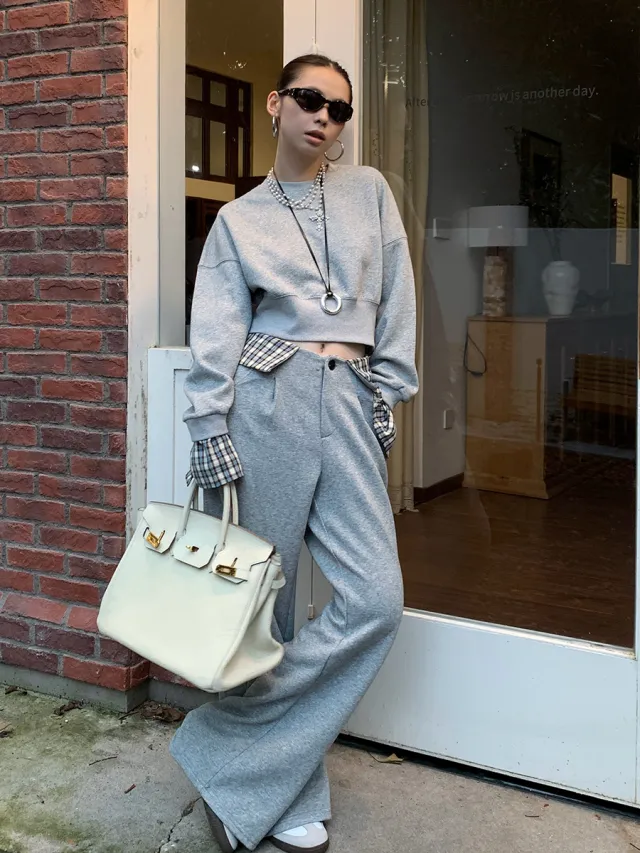 Casual Plaid Stitching Loose Sweater Suit Flower Gray - Shop at LoveMi