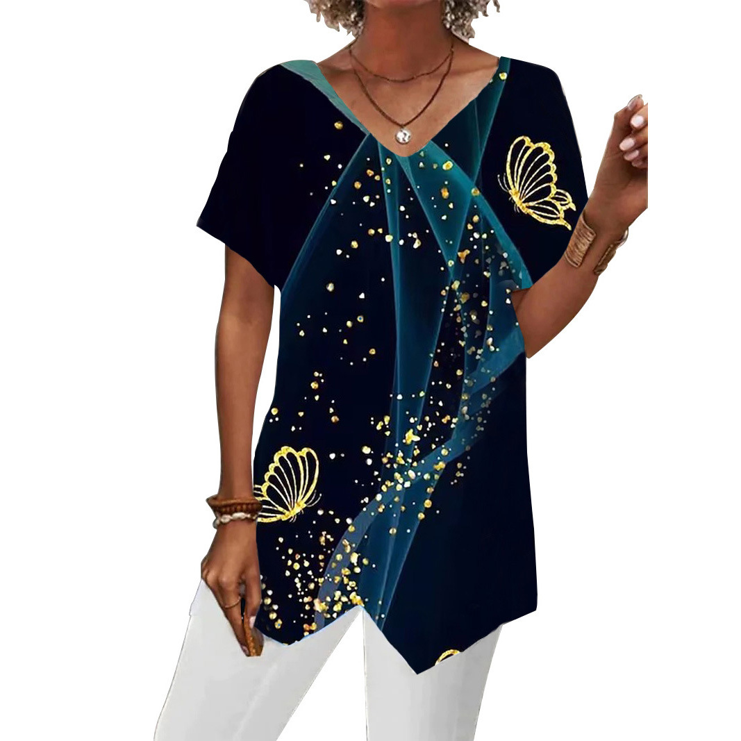 Summer European And American Women's Clothing Printed Irregular Short Sleeve Golden Butterfly - Shop at LoveMi