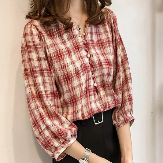Korean Style Loose Lantern Sleeve Plaid Shirt Red - Shop at LoveMi